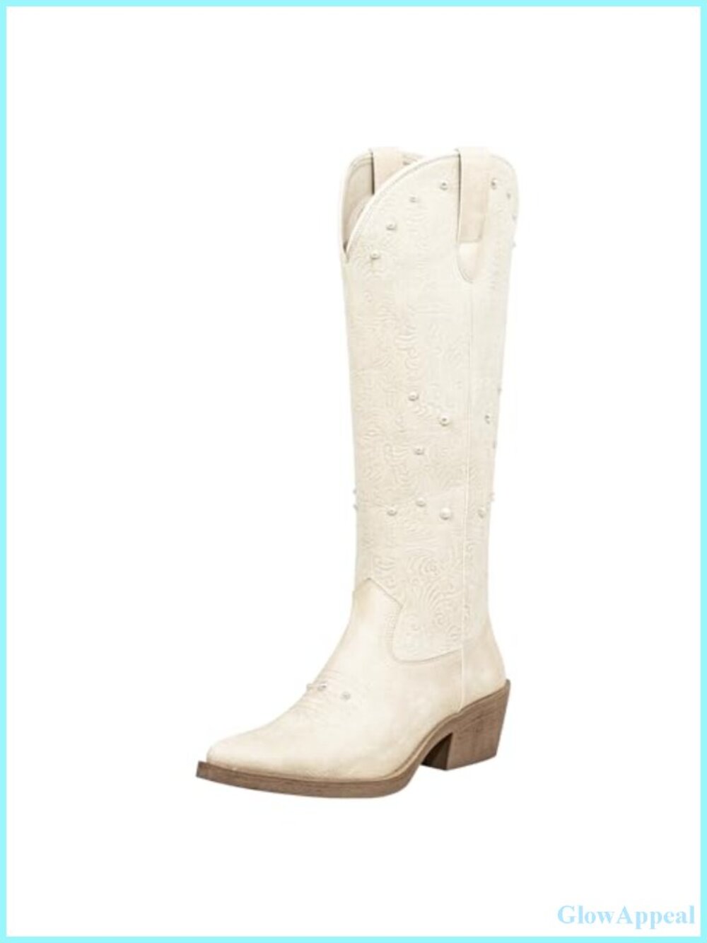 Women's Pearl Cowboy Boots Pointed Toe Knee High Western Boots Faux Leather
